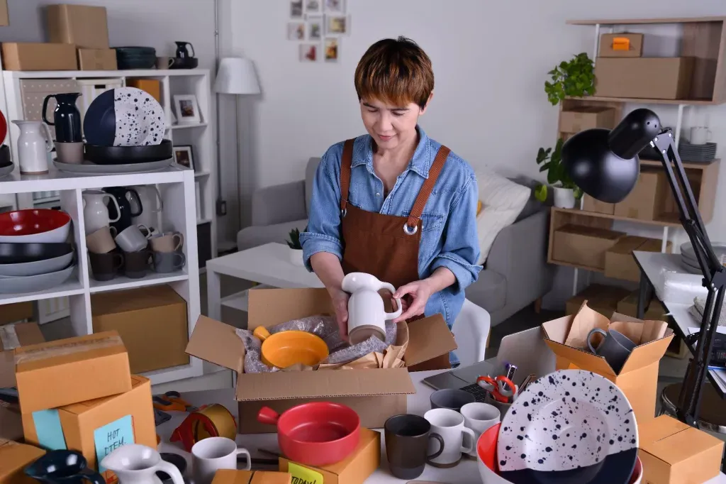 kobieta pakująca produkty do wysyłki