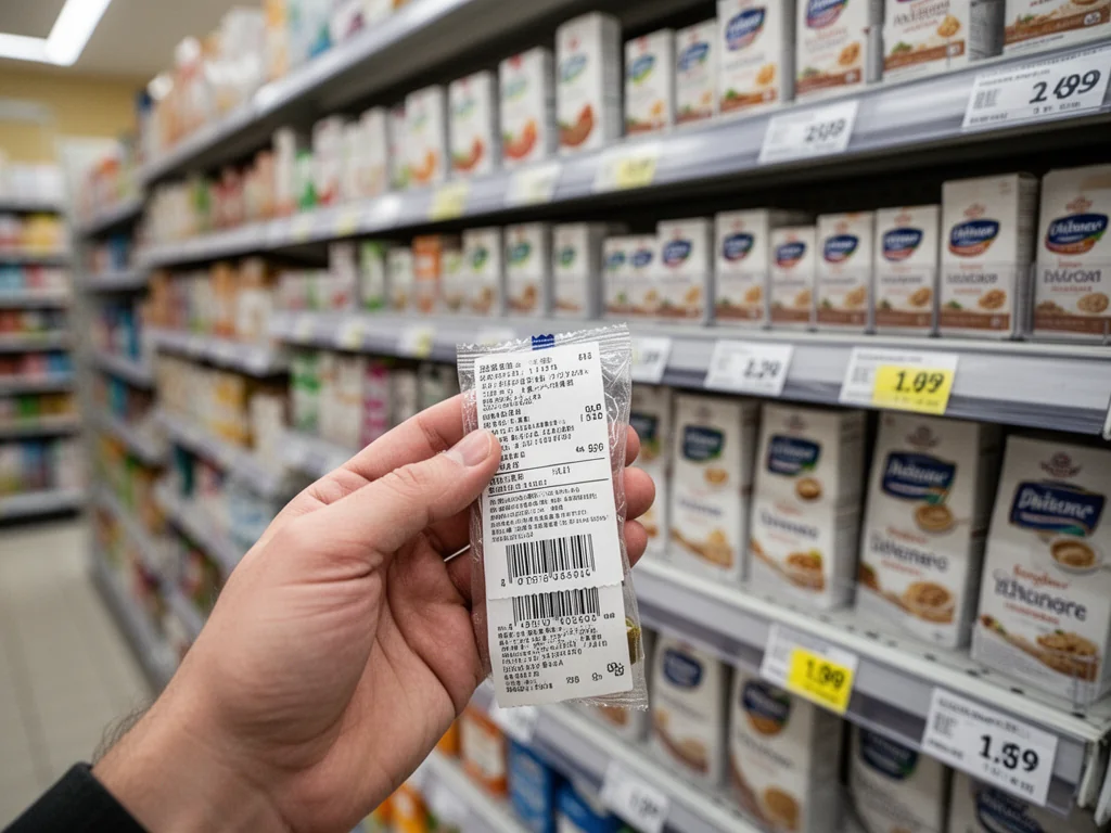 Rozczarowany klient trzyma prawie pustą, zmniejszoną paczkę produktu w supermarkecie, mimo niezmienionej ceny na półkach.