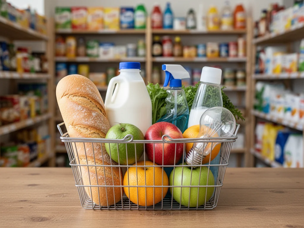 Koszyk z podstawowymi produktami spożywczymi i codziennymi, ilustrujący skład koszyka inflacyjnego w sklepie spożywczym