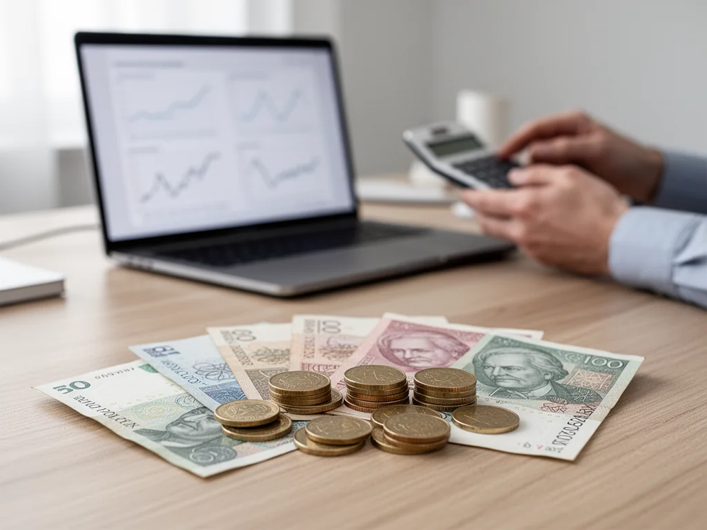 Polskie banknoty i monety na biurku obok laptopa i kalkulatora, ilustrujące analizę wartości i aprecjacji pieniądza