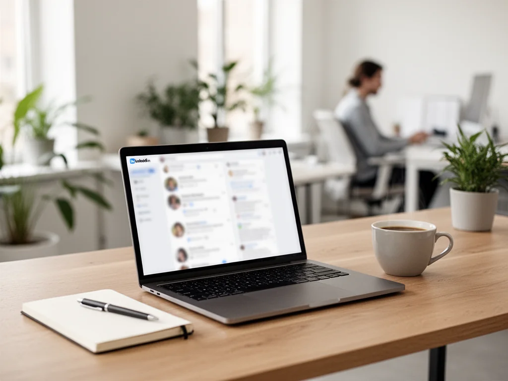 Laptop z otwartym feedem LinkedIn na biurku, obok notatnik i kawa, w tle jasne biuro sugerujące pracę zawodową.