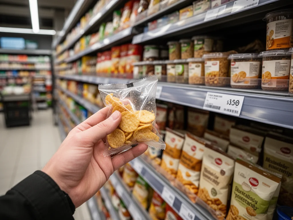 Ręka trzymająca małą, częściowo pustą paczkę przekąsek w supermarkecie, cena na półce podkreśla zjawisko shrinkflacji.