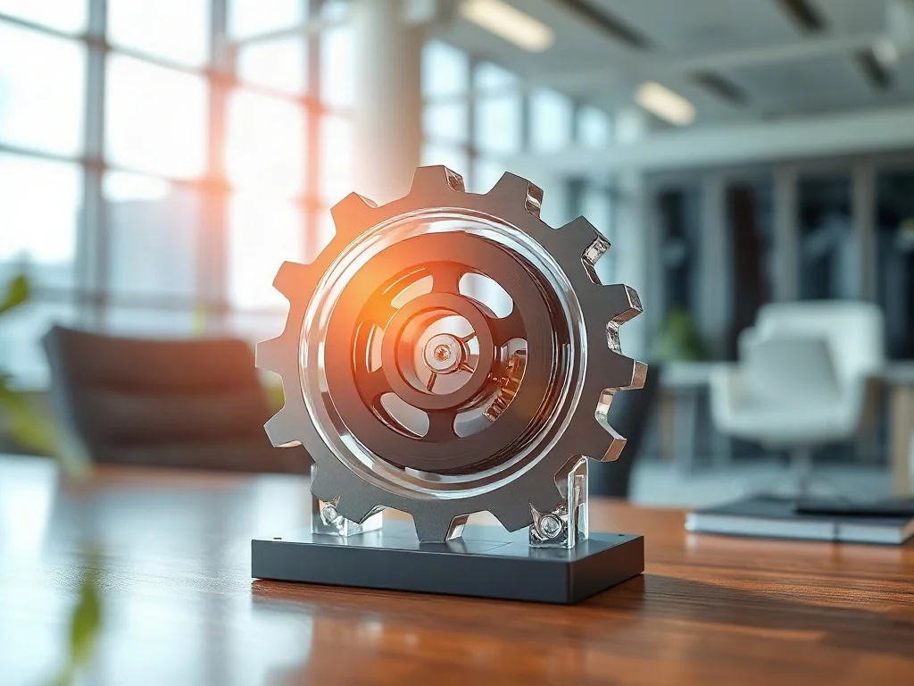 Szklany model mechanizmu zębatego na biurku, symbolizujący złożoność procesów operacyjnych w nowoczesnym biurze.