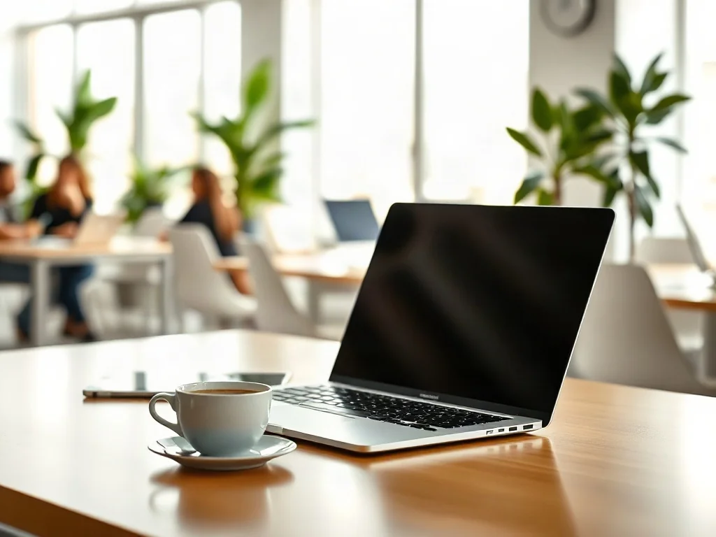 Minimalistyczne stanowisko pracy z laptopem i kawą w nowoczesnym, jasnym biurze typu coworking.